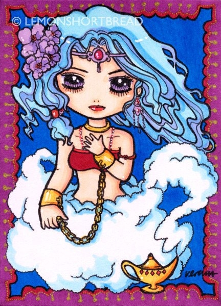 ACEO Genie Fantasy Art Print, Giclee Archival, Blue Clouds Cute Folklore - Limited Edition 1/25