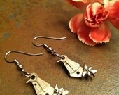 Balance Earrings - Steampunk dangle earrings, vintage silver etched watch balance, dragonfly