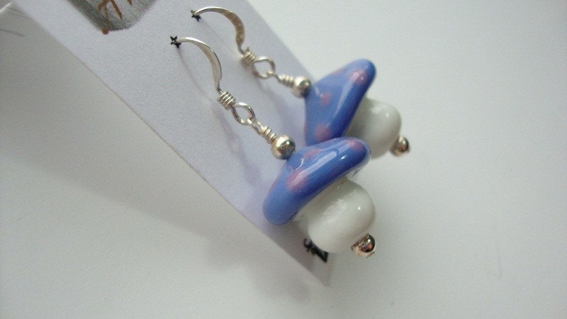 Cool Blue Ceramic Mushroom Earrings with Purple Polka Dots FREE Shipping FREE Sterling Upgrade