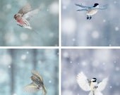 8x8 Art Set - Winter Bird Photography - Fine Art Photos - Winter Decor - Nursery Wall Art - Kids Room Decor - "Snowy Birds in Flight No. 1"