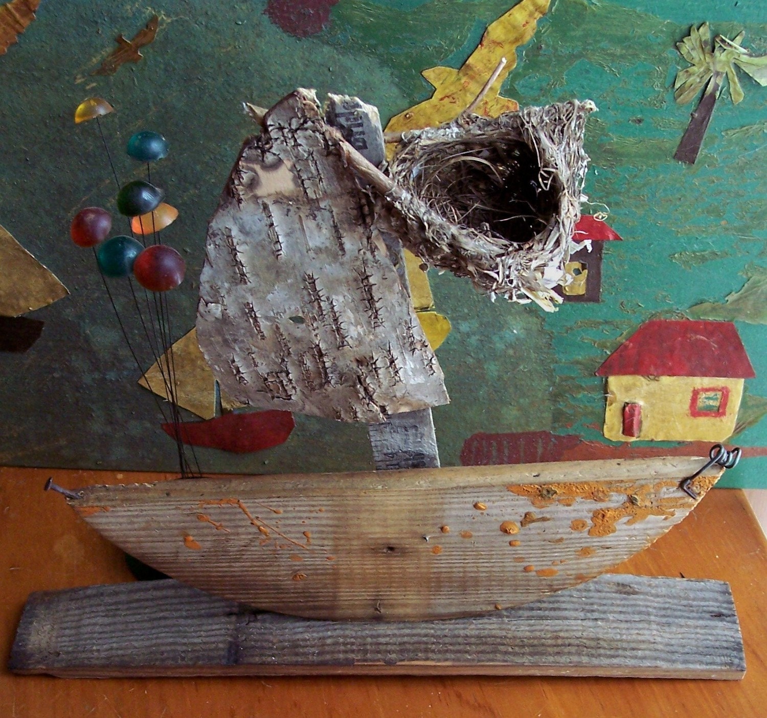 Sailboat Junk art Ship assemblage "Up in the Crows Nest"
