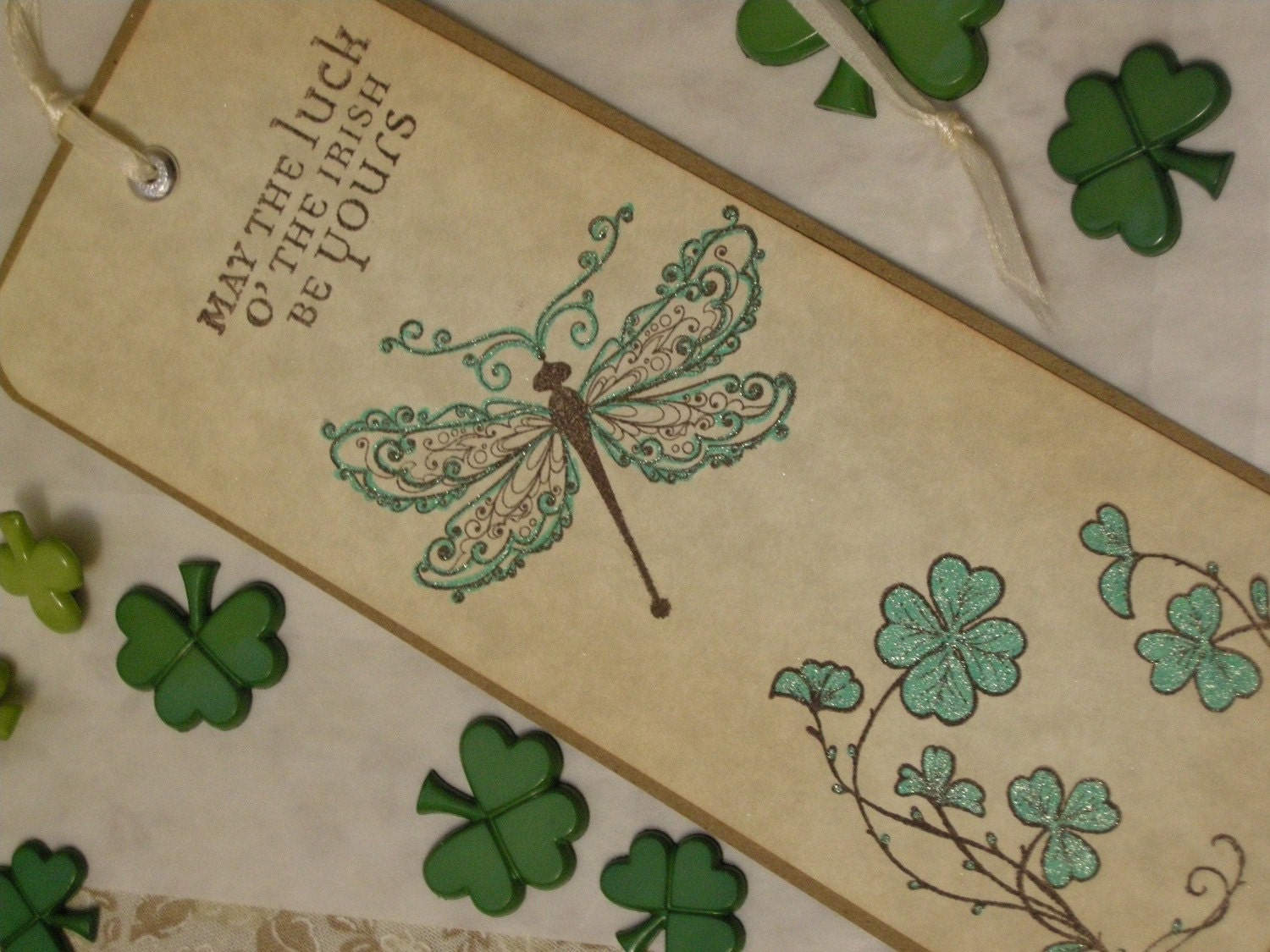 LUCK O THE IRISH dragonfly - vintage style, shabby chic style bookmark, ephemera, kraft, - st. patrick's day