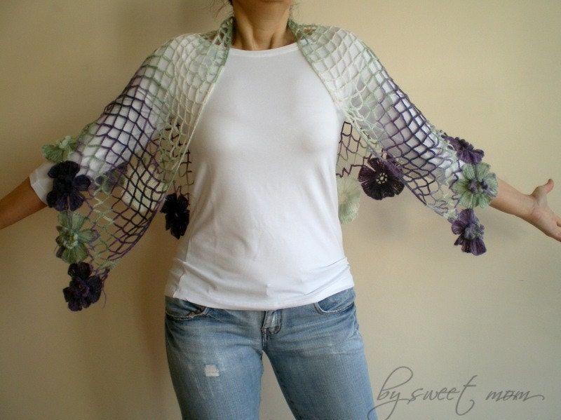 Hand Crochet  Shawl in Purple Lilac Green Wedding Shawl with Flowers Spring Fashion
