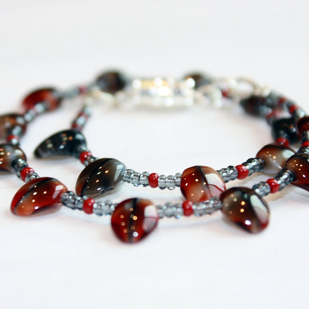 Red & Grey Glass Teardrop Anklet