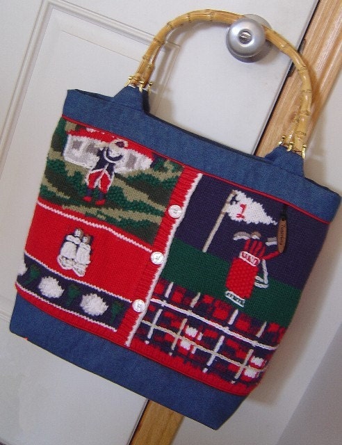 OOAK Redesigned Knit Golf Vest Into Tote with Denim Lining Including Accessory Bag