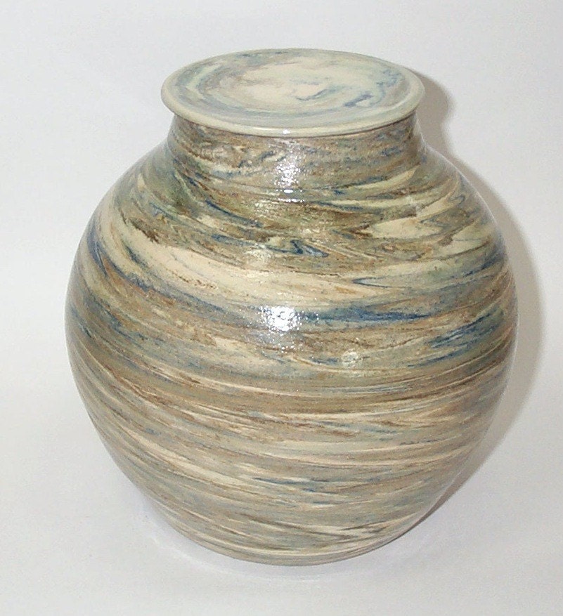 Original Handthrown Urn with Natural green blue tan Swirls  Agatewarre