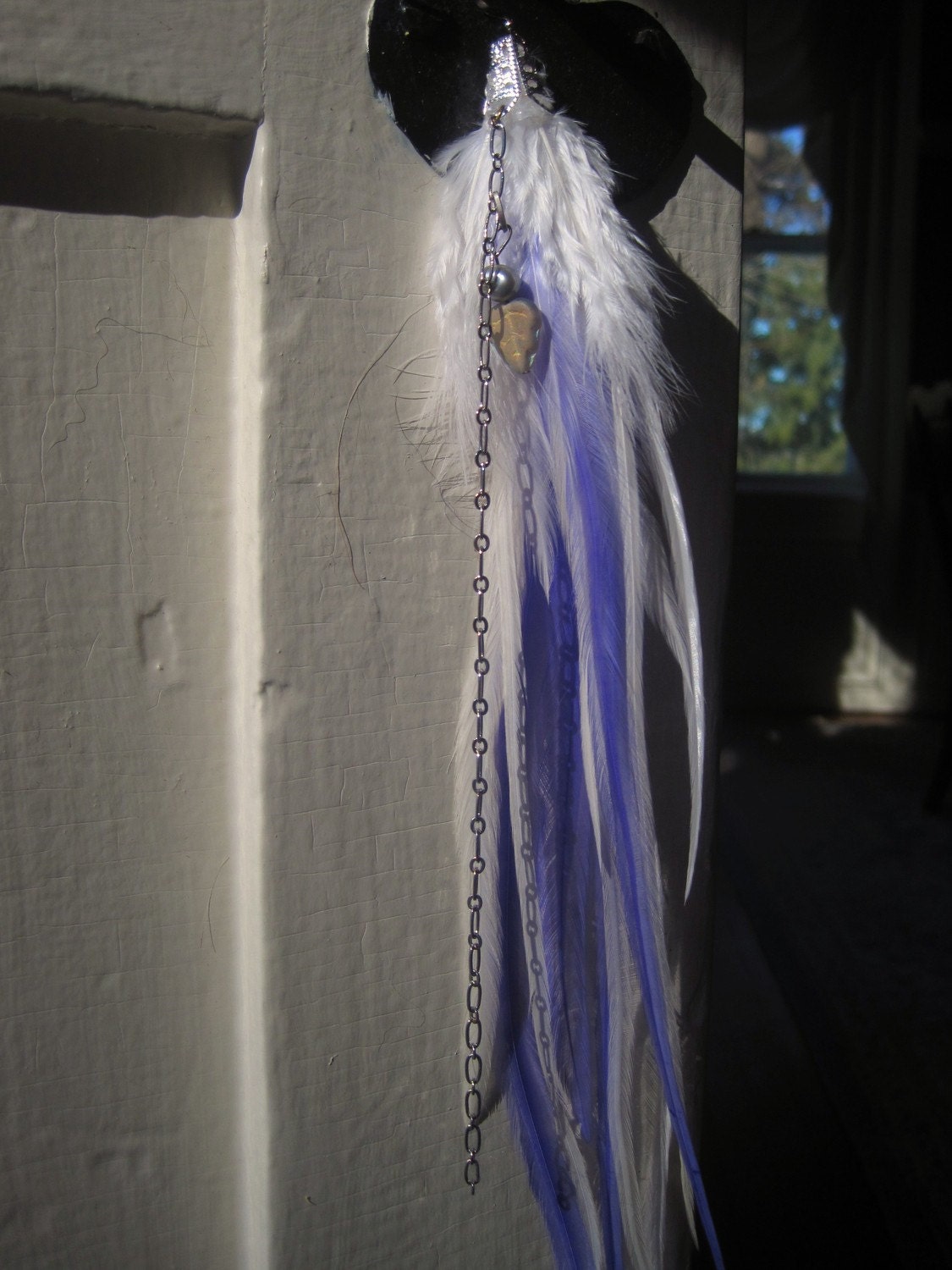Extra Long Feather Earrings Purple and Cream with Silver Chain and Charm/ PAINTED FLOWERS Feather Earrings