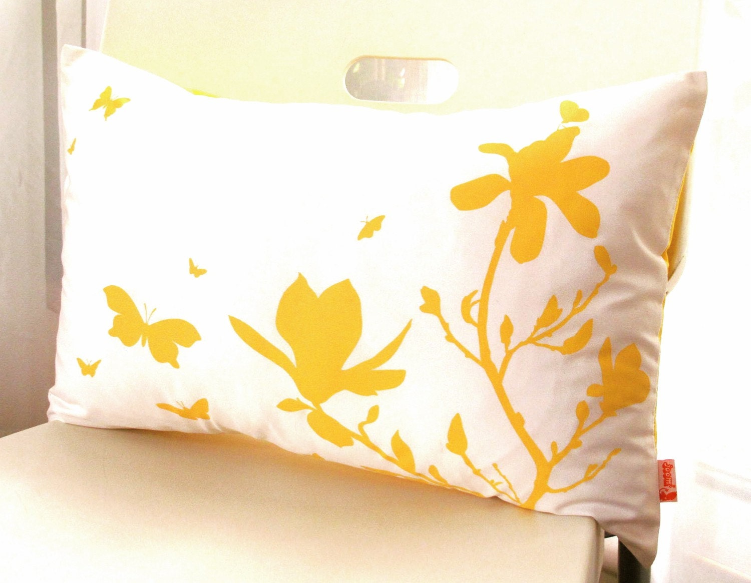Yellow Print on Off White Cotton Magnolia and Butterfies Rectangle Pillow
