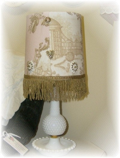 Shabby Pink and Brown Toile Milk Glass Hobnail Lamp