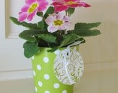 Flower vase or planter centerpiece idea for Baby Shower, Birthdays, Weddings & Bridal showers. GREEN polka dots or filigree