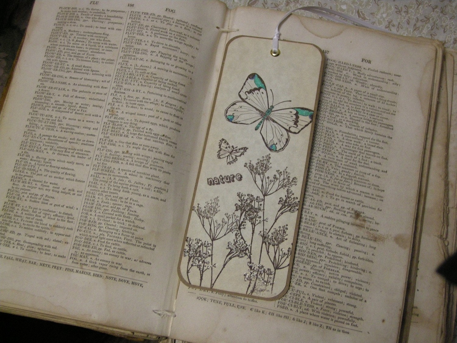 Butterfly Nature Spring bookmark - vintage style, shabby chic style bookmark, ephemera, kraft, - spring, sparkle, woodland, butterflies