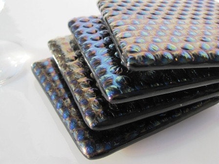 Fused Glass Coasters 4 - Iridized Black Bubbles