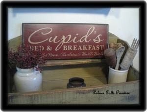 Primitive Valentines Romance Cupid's Bed and Breakfast Wood Sign Wall Hanging Decor