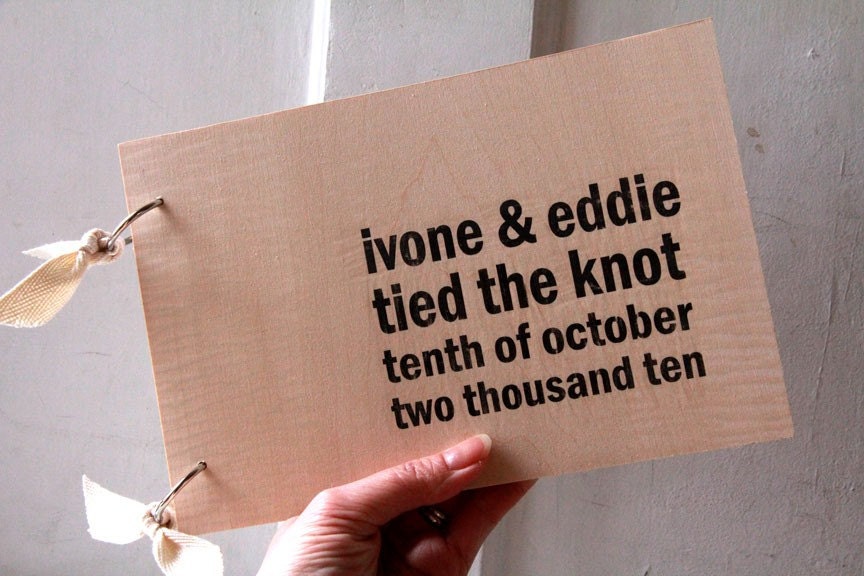 Wood Guest book / Album / Notebook (9" x 6") - Tied the knot - Custom Names and Date