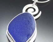 Genuine Sea Glass Necklace - Beach Combed Cobalt Blue Swirl - Sterling Silver Bezel