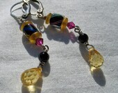 Art Glass in Black, Fuschia with Yellow CZ Dangle Earrings