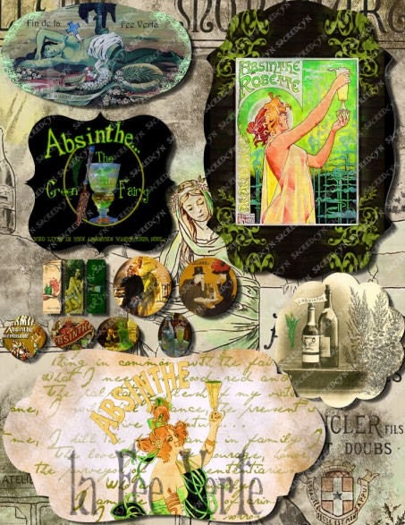 Absinthe Collage Green Fairy Collage Mixed Steampunk Ephemera Printable Digital Collage Sheet