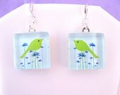 Green Bird Glass Tile Handmade Earrings