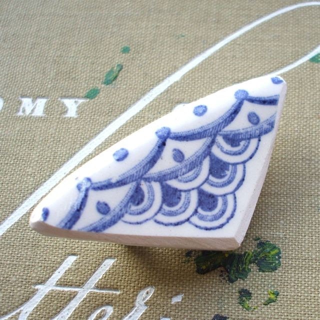 Blue and White Scalloped Triangle Brooch From Broken Vintage China