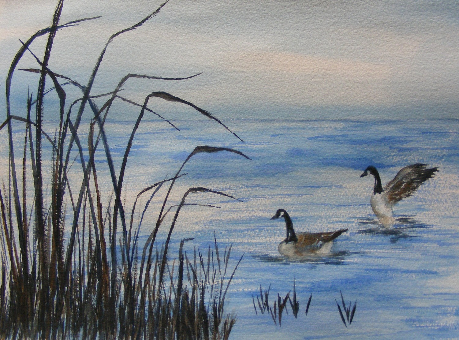 Two If By Sea-Original Watercolor Painting of Geese