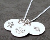Sterling Silver Beach Sealife Necklace - EWD Hand Stamped Three Charm Necklace - Starfish, Clam Shell, Conch Shell