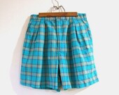 High Waisted Shorts in Teal Plaid - M