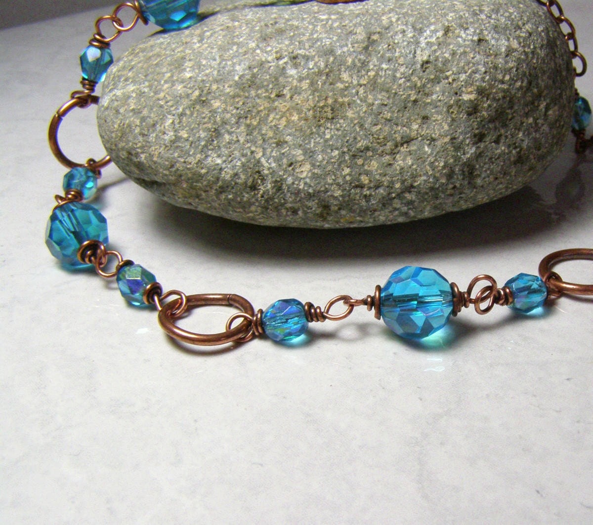 Necklace Solid Copper Rings and Blue Glass Beads