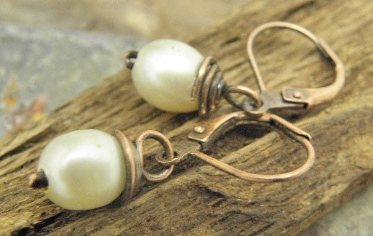 Antiqued Pearls, Antiqued Copper and Freshwater Pearl earrings, ThePurpleLilyDesigns