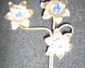 Vintage Brooch Lt Blue Gems Floral Design Stick Pin Brass