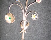 Tall Floral Brass and Rhinestone Brooch Stick Pin Multi Color
