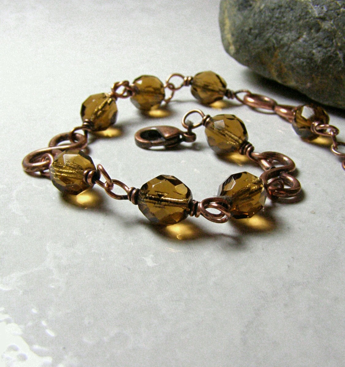 Bracelet in Antiqued Copper and Smoky Quartz Glass Beads