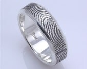 6mm Sterling Beveled Edge Custom Wedding Band with Fingerprint Wrapped Around the Exterior