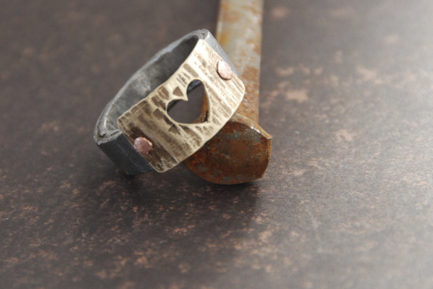 Antique Barn Nail Ring Textured With Heart Cut Out Mothers Day Gift For Her
