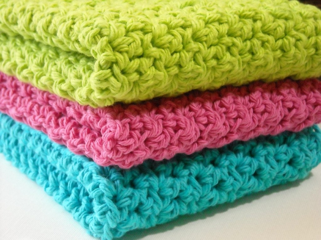 Crochet Dishcloths Cotton Washcloths Bright Blue Bright Pink Lime Green For Kitchen or Bathroom Set of 3