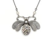 Steampunk Necklace silver bumble bee charm vintage watch movement gears genuine pearls Swarovski crystal pendant by Steampunk Nation 1518