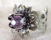 Lotus Flower Ring - Pink Swarovski Crystal - Neo Victorian Gold Tone Filigree Jewelry - Handmade and Designed by A Second Time
