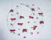 Baby Bibs, four soft layers, reversible, white with red fire trucks