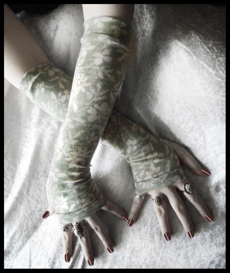 Dew Drenched Arm Warmers - Pale Sage Green - White Floral Burnout Cotton - Yoga Gothic Tribal Celery Goth Gypsy Boho Earth Cycling Light