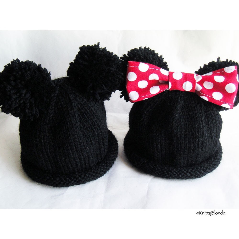 Mouse Ears Hat, Custom Hand Knit, Adult Size Men or Women, Mickey or Minnie, You Pick the Size