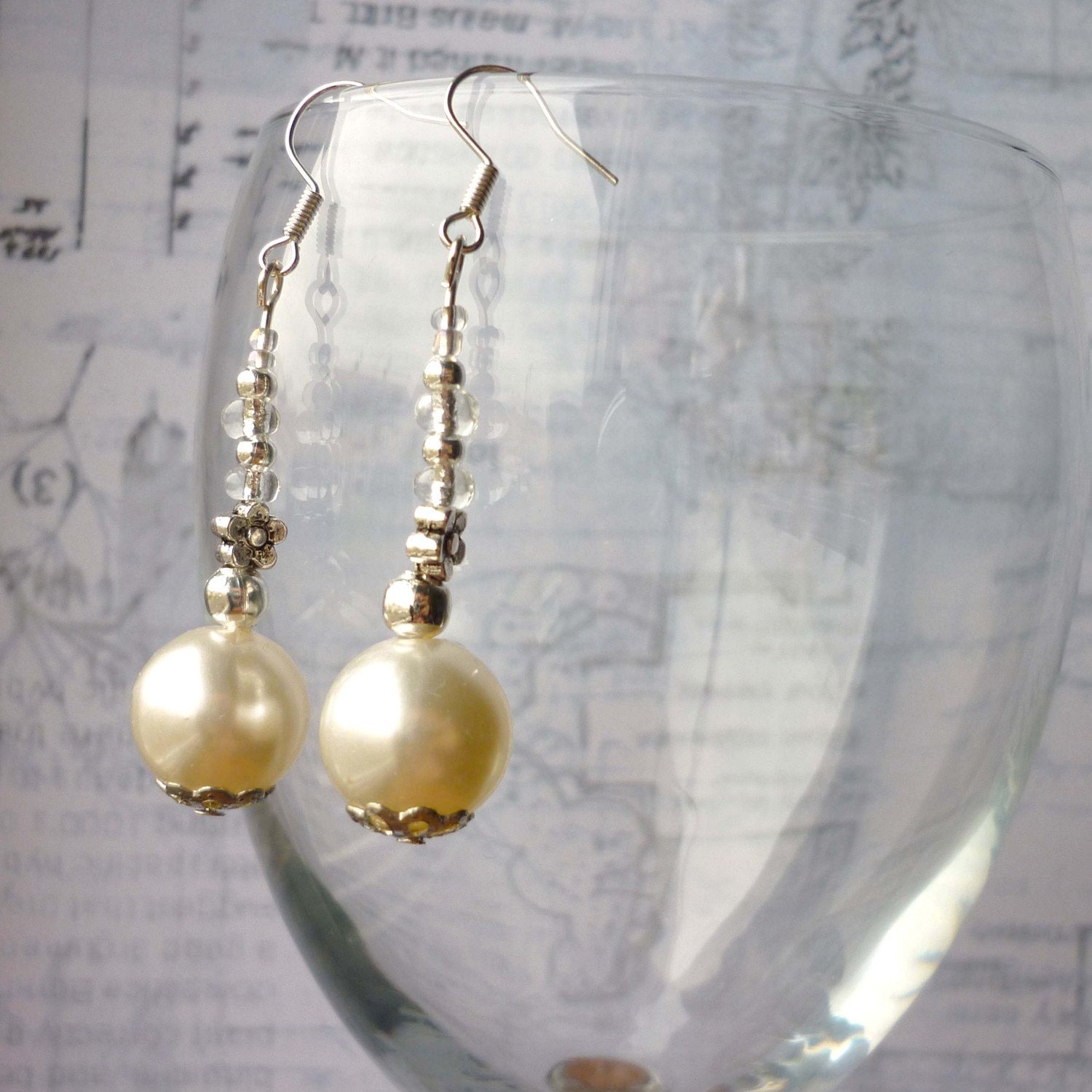 Earrings: "Queen" Silver and Faux-Pearl Cream, Silver and Grey Beaded Earrings