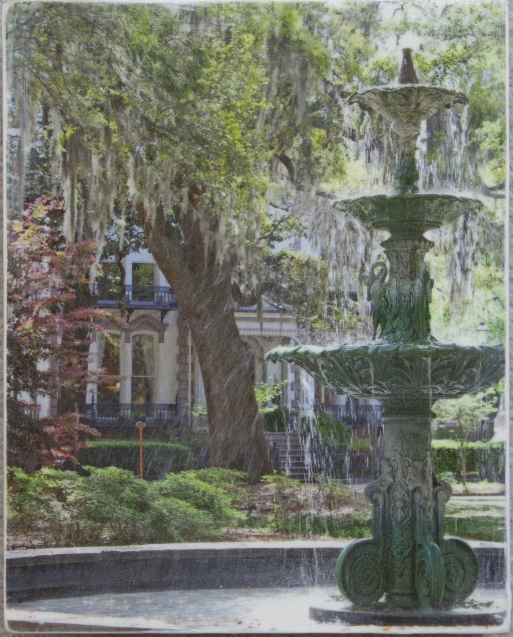 Sunspray on the Square-Savannah, GA - Photo encaustic on wood panel by Melissa Schneider