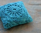 Linen  pincushion - crochet motif