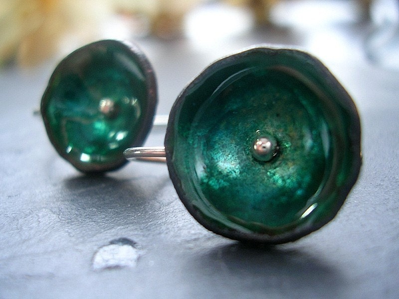 Teal Earrings - Enamel Poppy Earrings - Ocean Color MADE TO ORDER