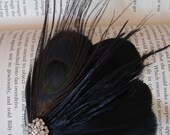 Black peacock feather fascinator hair clip with vintage inspired rhinestone jewel - Style 42