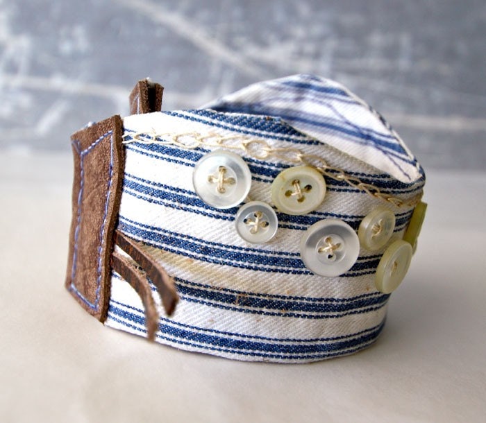 Bracelet Wrist Cuff Buttons Blue Seaside Hand Embroidery
