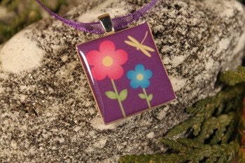 Purple with Flowers, a floral Scrabble tile Pendant in a tiny slide top box (Pendant, Ribbon Necklace in Tin Set) -075-