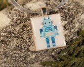 Robot Love, a fun Scrabble tile Pendant in a tiny slide top box (Pendant, Ribbon Necklace in Tin Set) -085-