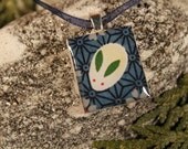 Blue Alien Rabbit, a fun Scrabble tile Pendant in a tiny slide top box (Pendant, Ribbon Necklace in Tin Set) -090-