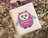 Little Owl, a fun and whimsical Scrabble tile Pendant in a tiny slide top box (Pendant, Ribbon Necklace in Tin Set) -100-