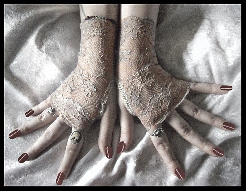 Sand Siren Long Lace Fingerless Gloves - Oatmeal Nude Floral - Gothic Vampire Lolita Wedding Fetish Goth Elegant Tribal Gypsy Cabaret Bridal